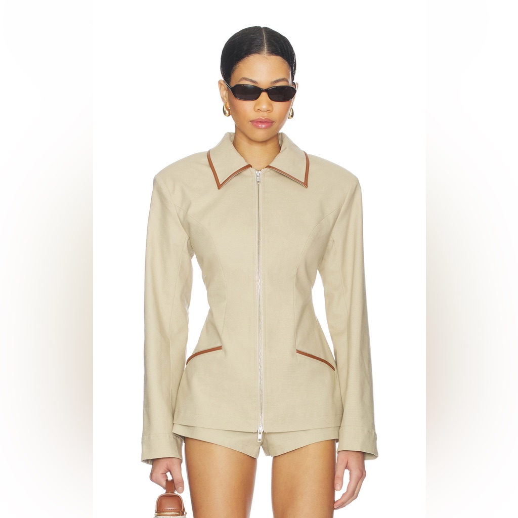 Beige Women's Jacket With Brown Trim Set! Jacket Xxs Short Xs